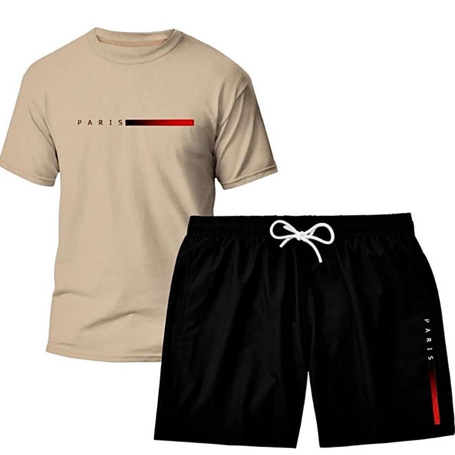 Kit Conjunto Camiseta Masculina + Short Tactel Paris Lançamento Esporte Verão Dia a Dia Versátil Confortável