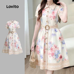 Lovito Floral Elegante Vestido Feminino com Cinto e Botão Perfeito para Primavera e verão LK5LD130
