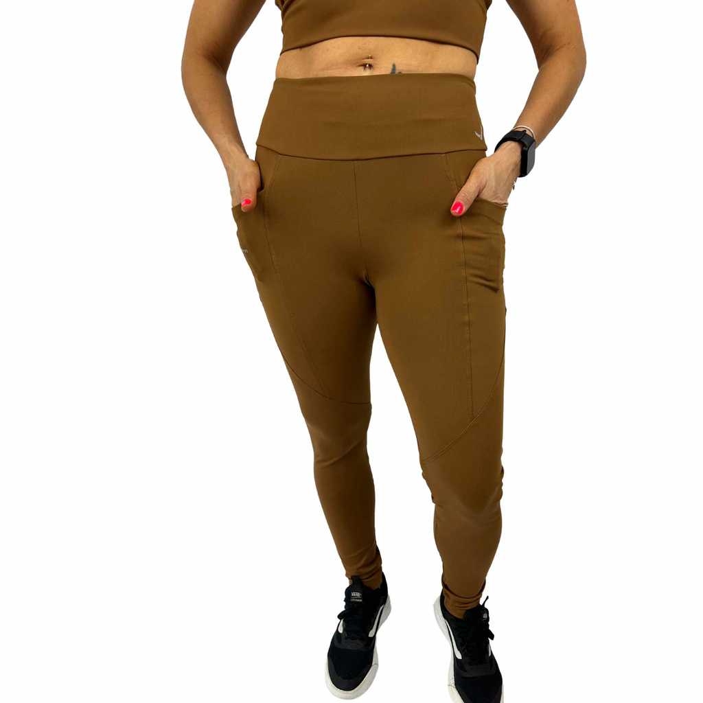 Calça Legging Feminina Fitness Bolsos Corrida Academia Treino Caminhada Proteção Uv50 Indrills Toffe Marrom