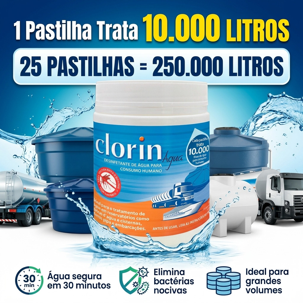 Cloro com 25 Pastilhas para Caixa Dagua 10.000L Clorin Purificação para Água Potável