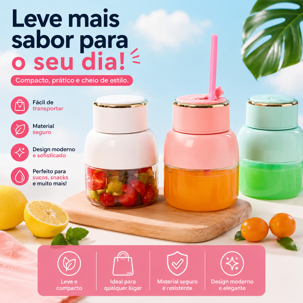 Mini Liquidificador Portátil Recarregável USB 650ml Juicer Mixer Rosa Verde Branco BPA Free Canudo