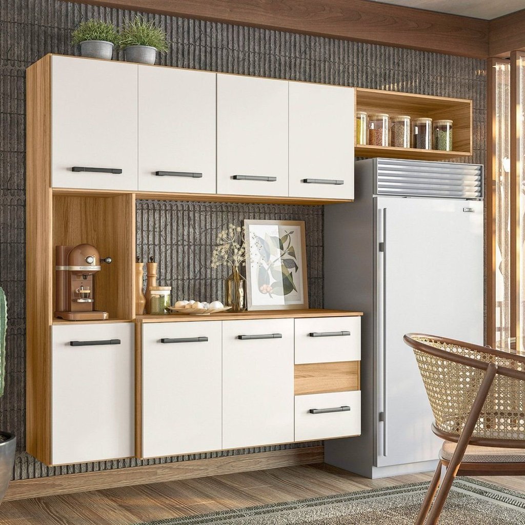 Cozinha Compacta Modulada Suspensa 7 Portas 2 Gavetas Juliete Branco/Freijó/Off White Cristal Freijó/Off White Cristal