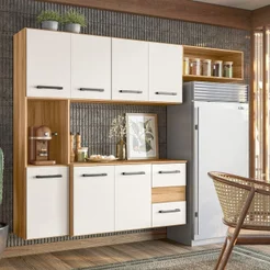 Cozinha Compacta Modulada Suspensa 7 Portas 2 Gavetas Juliete Branco/Freijó/Off White Cristal Freijó/Off White Cristal