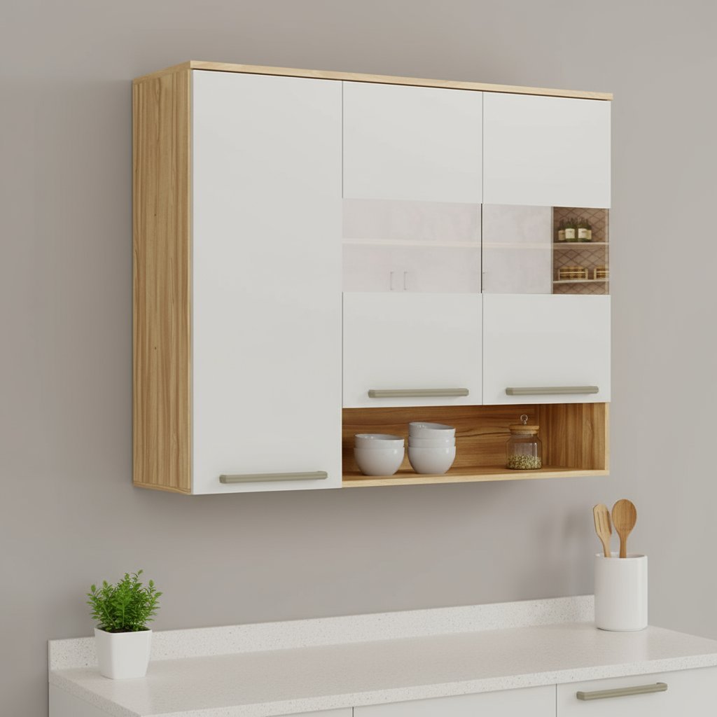 Armário Aéreo de Cozinha 120cm com 3 Portas Vidro Reflecta e Nicho 100% MDF Itál