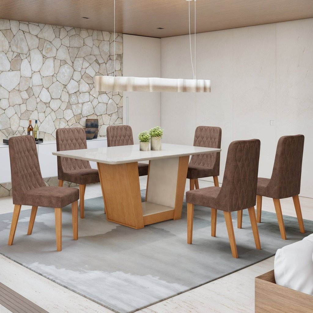 Conjunto Sala de Jantar 6 Lugares Retangular Tampo Vidro/MDF Mesa Apogeu com Cadeiras Luar Off White/Amêndoa