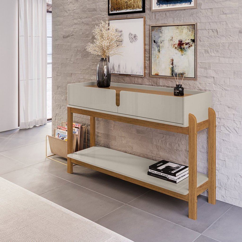 Aparador para Sala de Estar 2 Gavetas Lizz Bege/Off White/Cedro Off White/Cedro