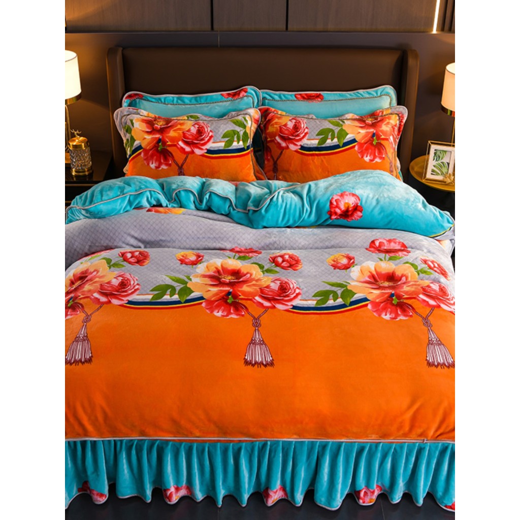 Grosso leite velo impresso conjunto de quatro peças lençol colcha capa colcha Coral velo flanela cama único conjunto dup