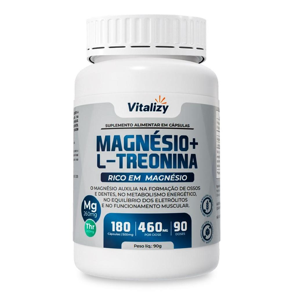 Treonato Magnésio Vitalizy 180 Cápsulas + L Treonina Alta Absorção Premium Puro