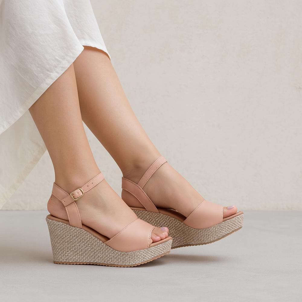 Sandália Salto Anabela Feminina Casual 10cm Confortável Fivela com Solado Antiderrapante