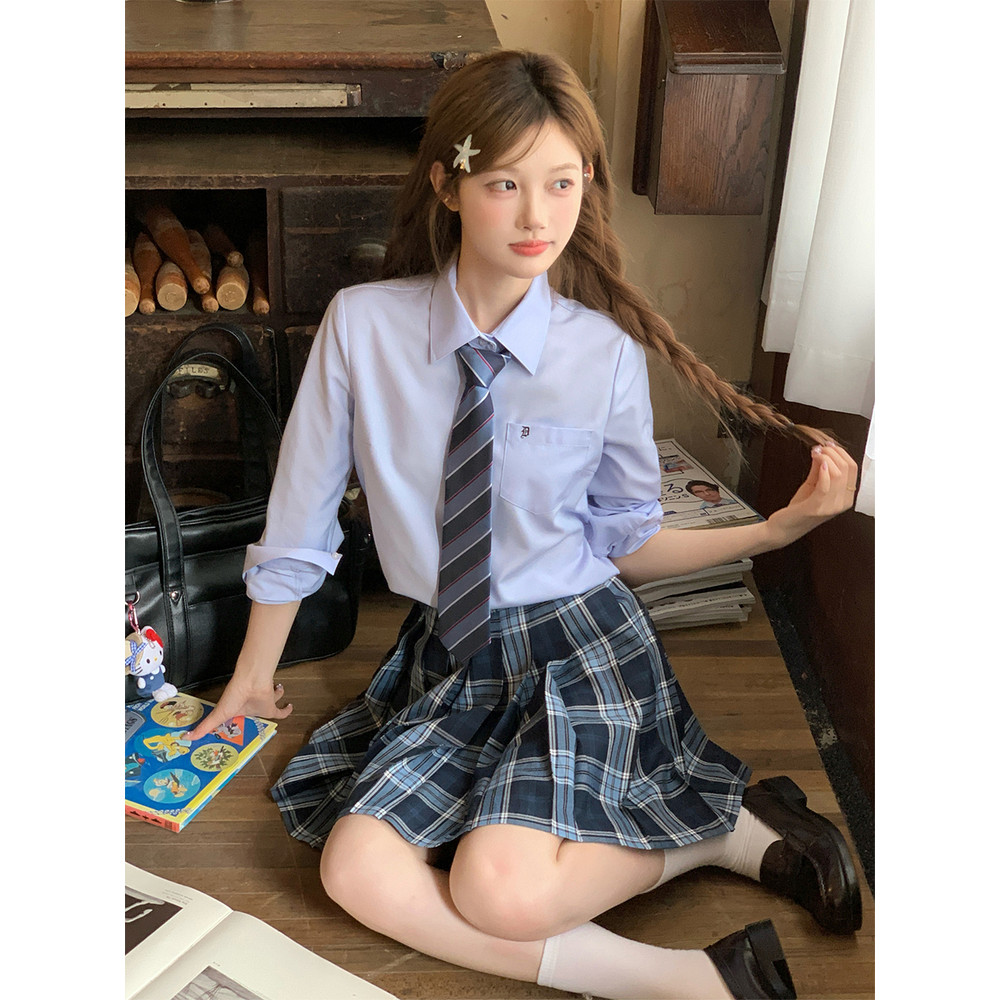 Tokyo Year-Old Times jk Azul Camisa de Manga Comprida Design de Cor Sólida Nicho Bordado Pequeno Estilo Preppy Top Femin