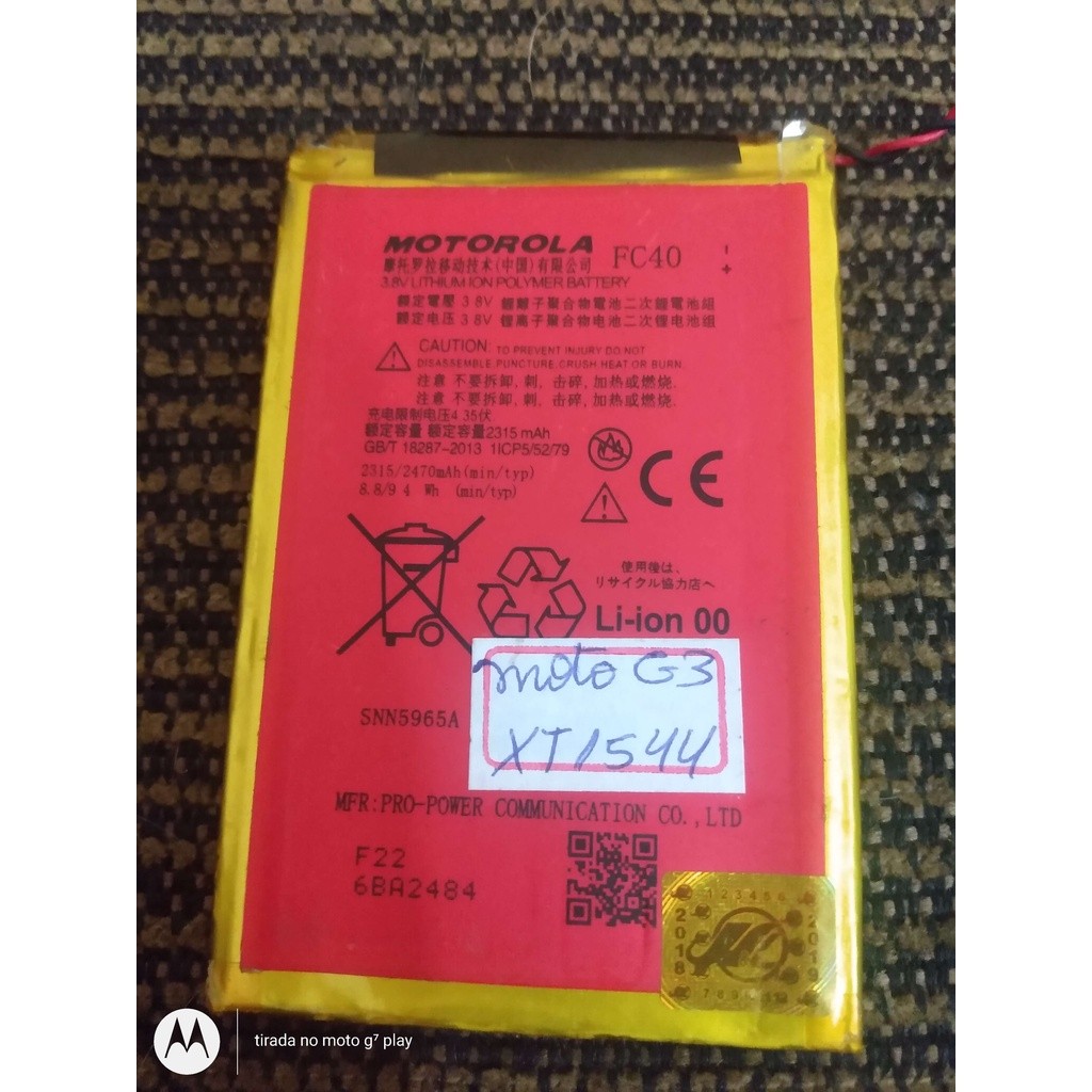 Bateria Cel. Motorola FC40 usado bom estado Original Bateria Moto G3