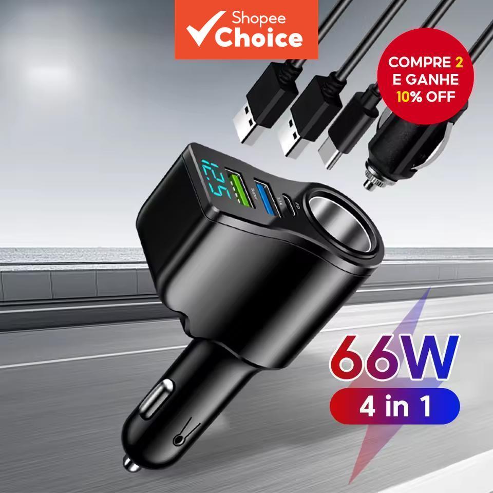  Novo carregador de carro digital de carregamento rápido para carro com duas USB, isqueiro de um a três, carregador