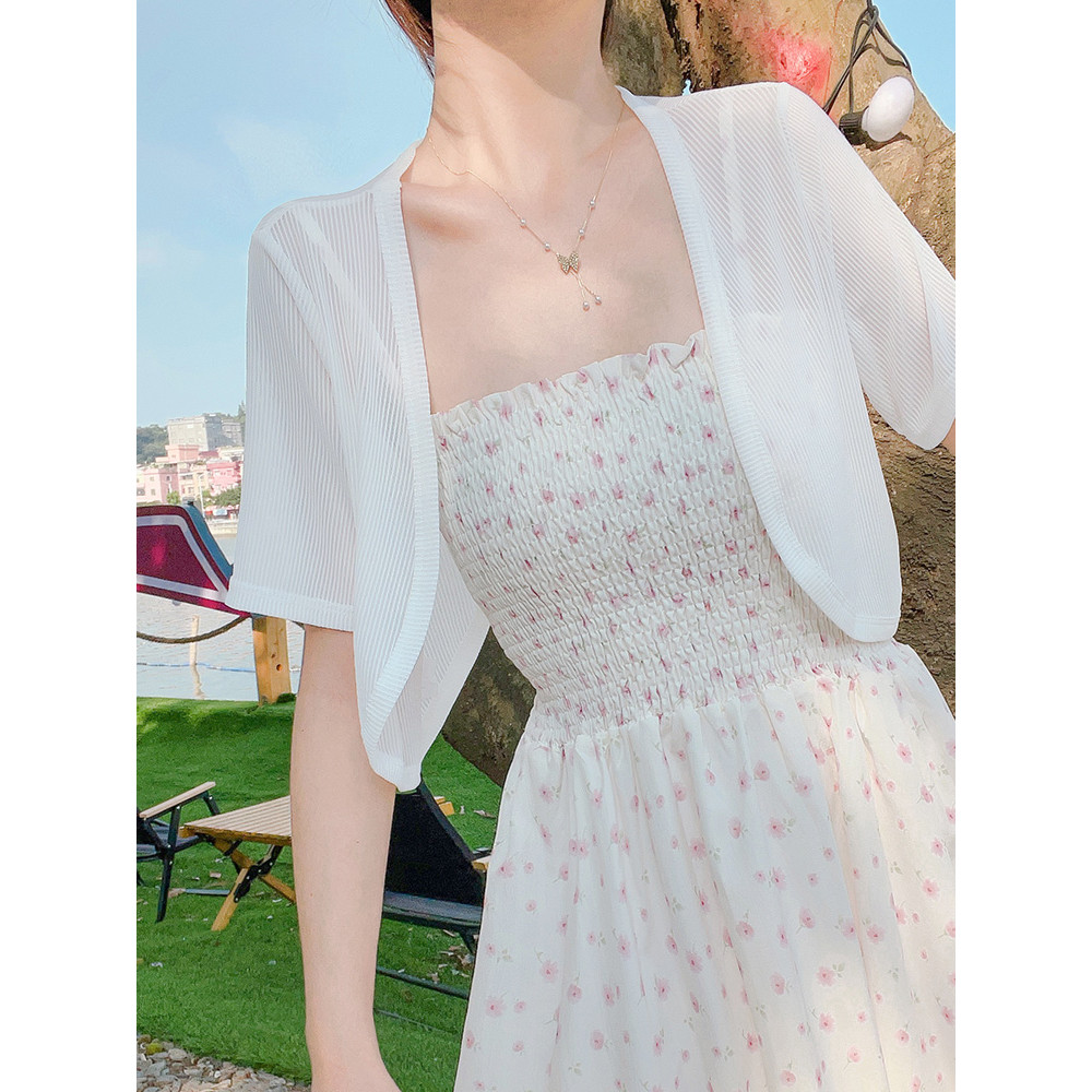 Protetor solar de seda gelo gaze Cardigan camisola fina feminina blusa exterior verão manga curta pequeno colete xale co