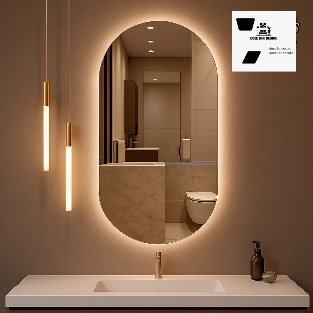 Espelho Oval com LED Moderno Luz Fria para Banheiro e Quarto Decorativo+ Fita Dupla Face