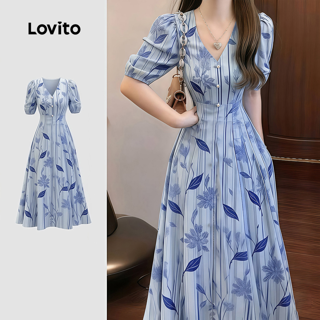 Lovito Férias Padrão de Vestido Plissado Primavera/verão Vestido Azul para mulheres LK4ED764