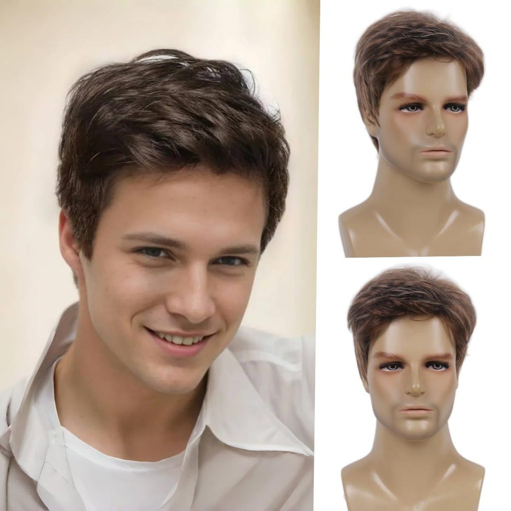 Bonito peruca masculina de alta temperatura curto moda chapelaria peruca de seda marrom europeu americano peruca realist
