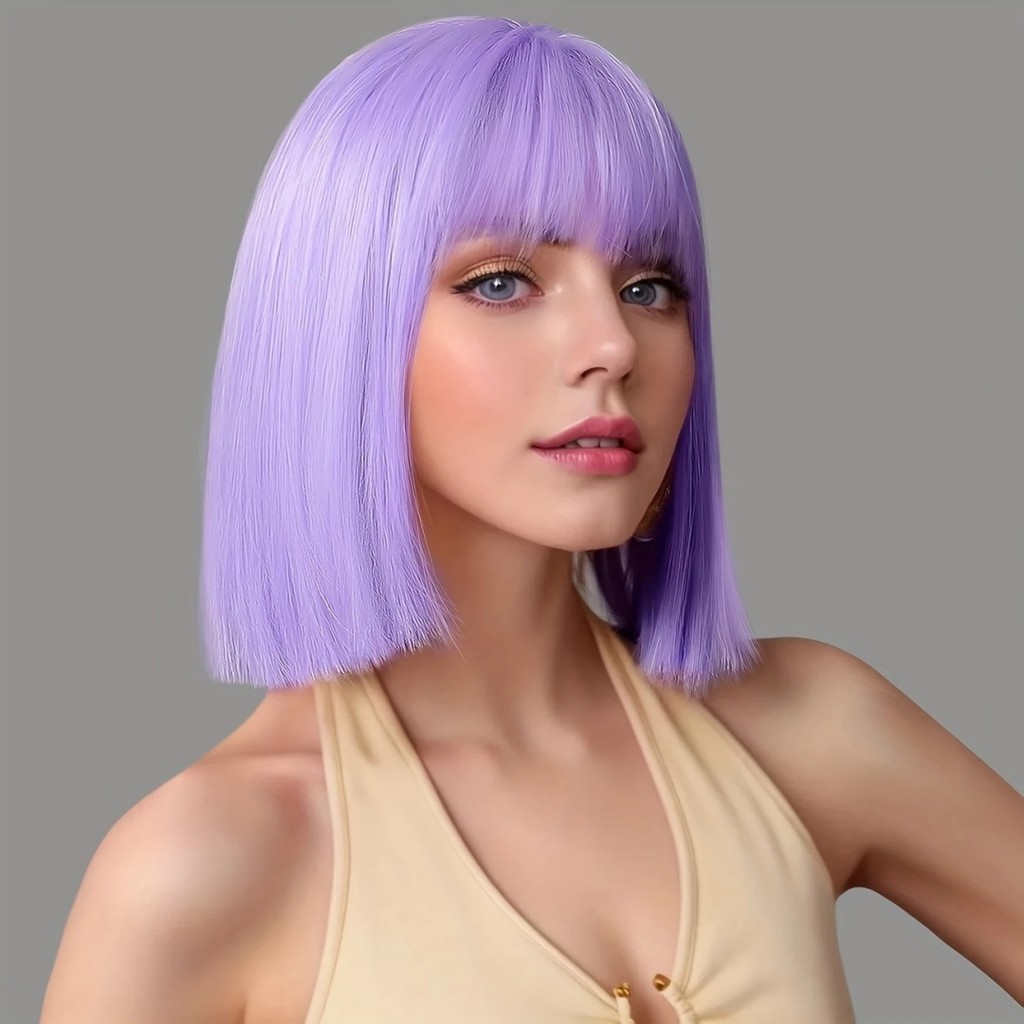 TOP HAIR MAYA-85C Peruca  Lilás Roxo Bob Curta com Franja Fibra Premium Macia Cosplay Anime Festa Pronta Entrega 