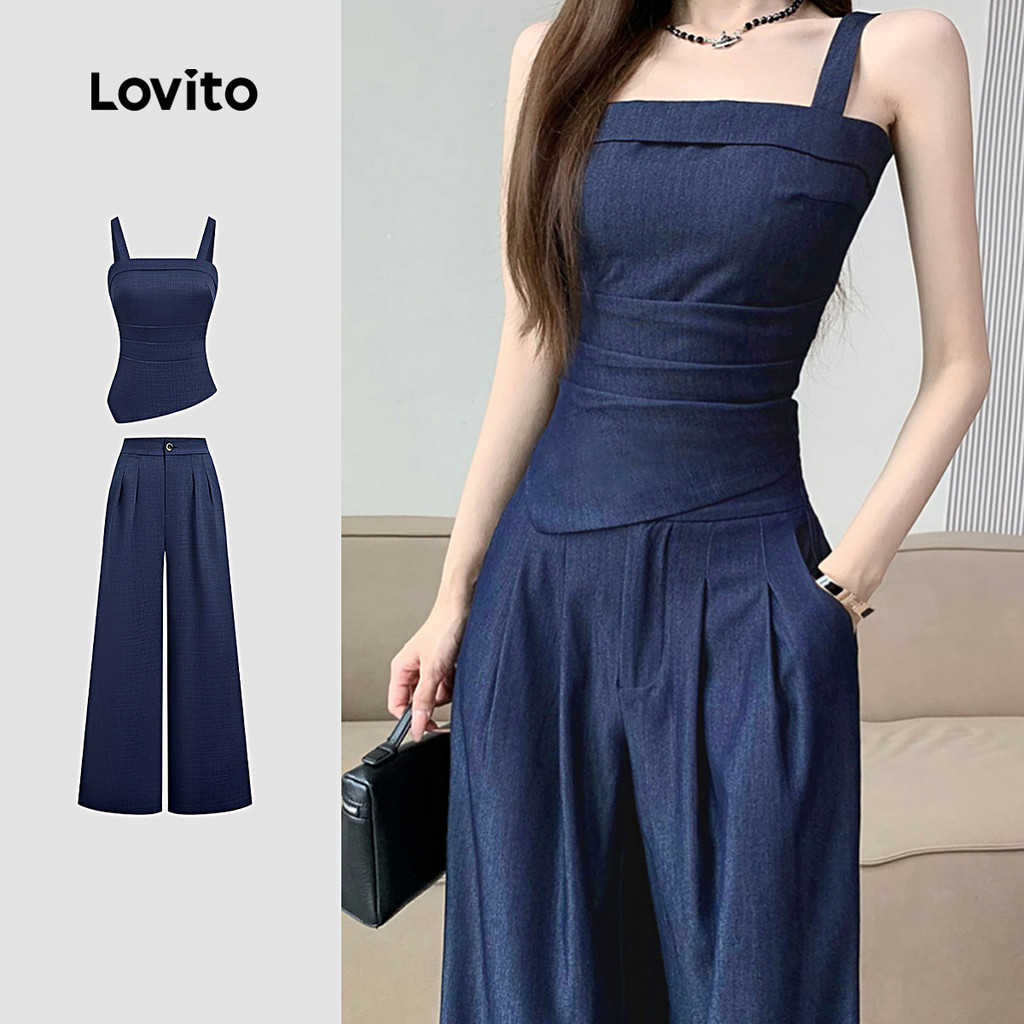 Lovito Elegante Tops ou Bottoms Plissados Primavera/verão Terno Azul Escuro L166AD1002