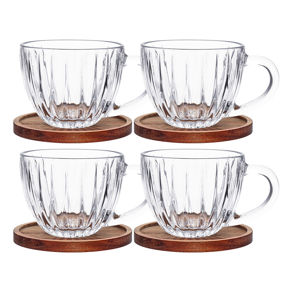 Jogo 4 Xícara de Chá Café Vidro Cristal com Pires de Madeira Acácia Montecarlo 180ml Haüskraft Premium