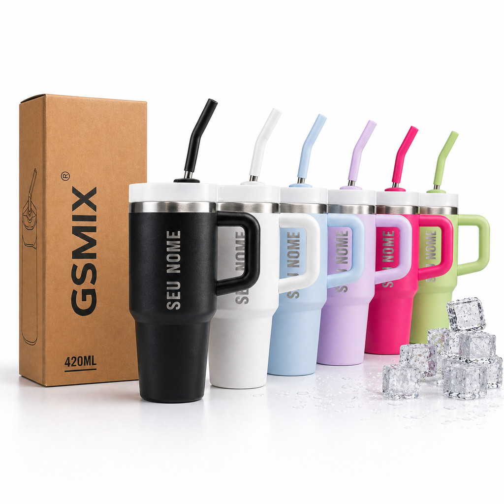 Mini Copo Térmico Personalizado 420ml Com Canudo Alça e Tampa Viagem Presente Infantil Anti Vazamento