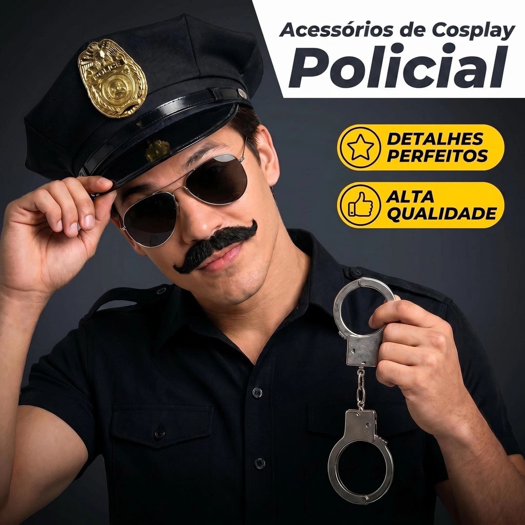 Kit C/ 04 Acessórios de Cosplay de polícia chapéu algemas Óculos Bigode Swat FBI cosplay