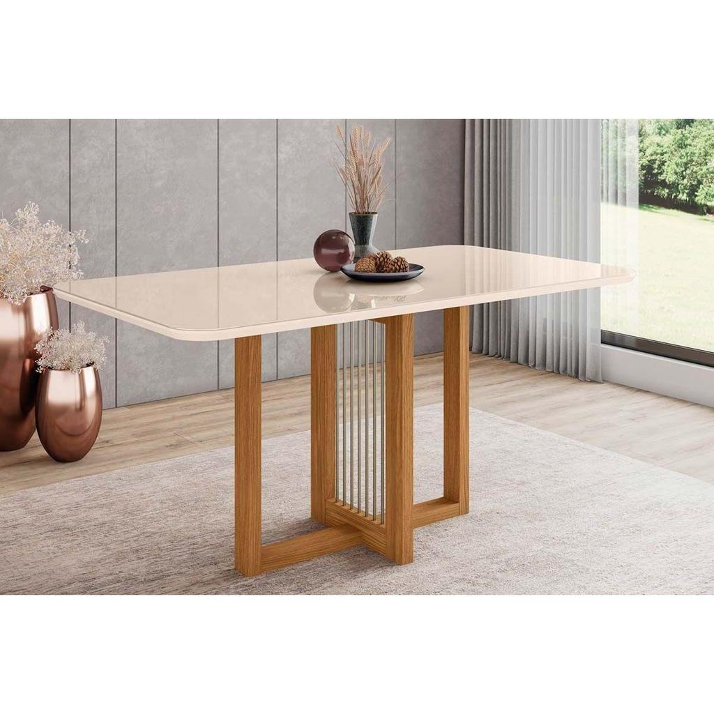 Mesa de Sala Jantar Natalí SC71 c/ Tampo Madeirado c/ Vidro Curvo 160x90cm Nature/Off White - Henn