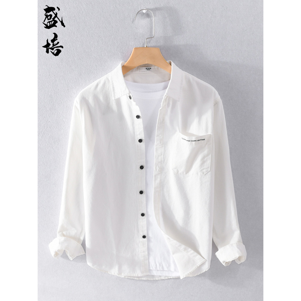 Textura fresca camisa branca na moda masculina japonês simples arte polegada camisa jaqueta primavera outono camisa de m
