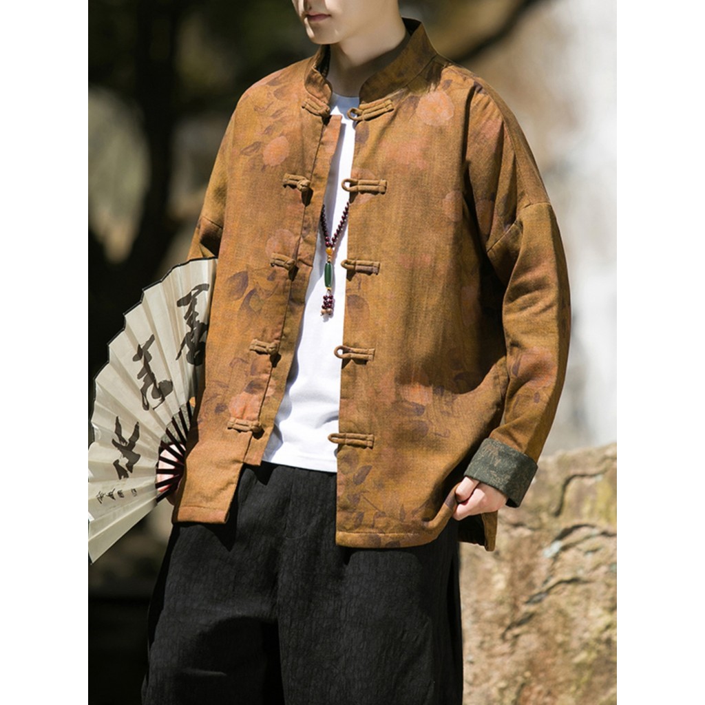 Outono estilo chinês masculino algodão linho Tang terno novo chinês Retro Hanfu jaqueta masculina estilo étnico impresso