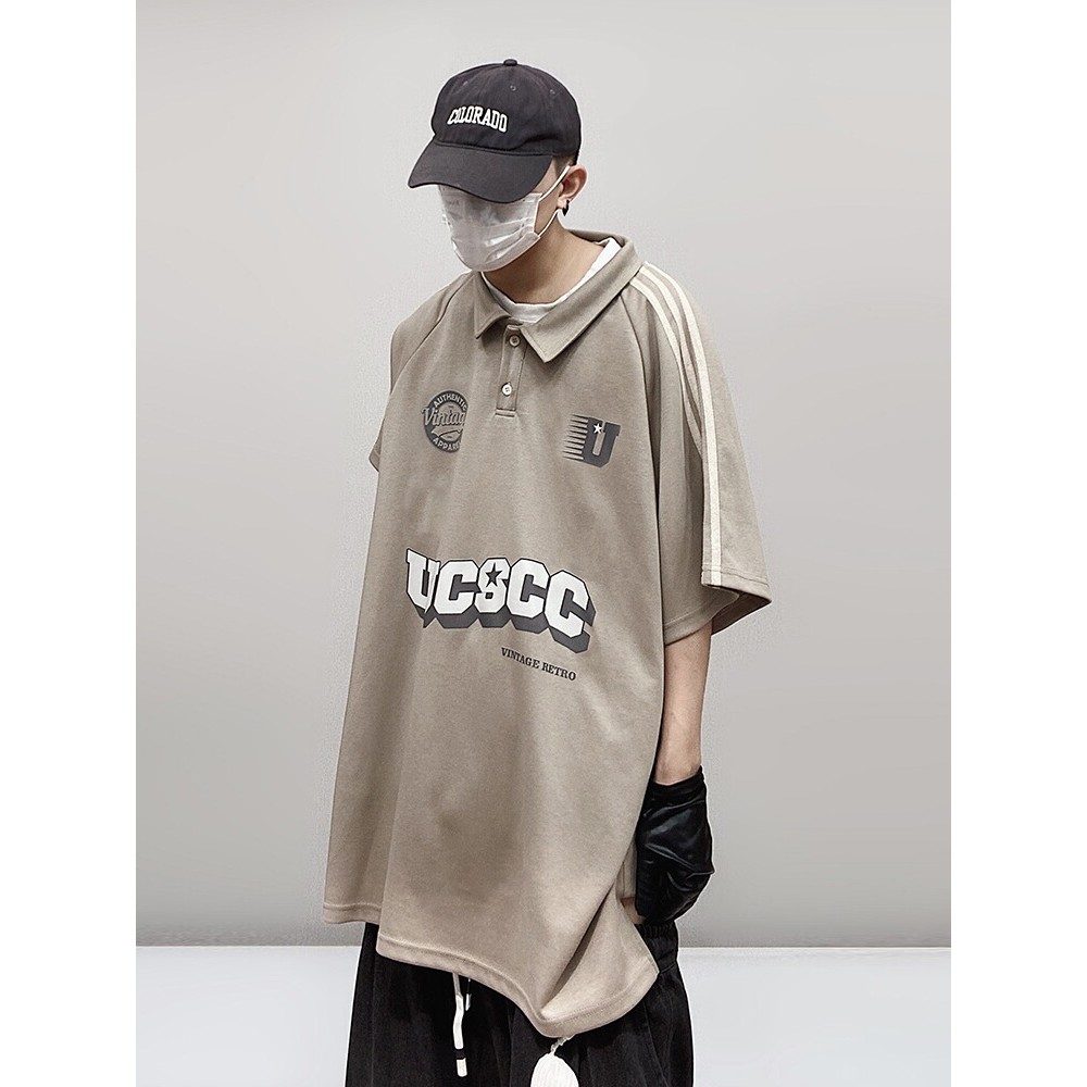 UUCSCC Hip Hop Street Wear japonês Retro manga curta meia manga solta americano vintage meia manga gola POLO camiseta