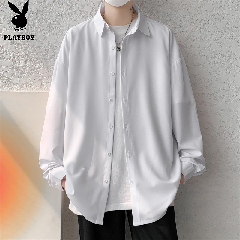 Playboy manga comprida topo masculino 2026 outono novo estilo camisa de lapela juventude solta na moda camisa masculina