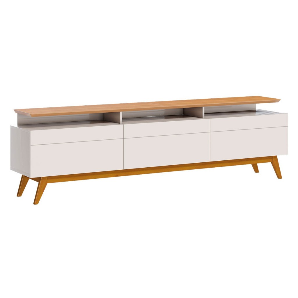 Rack Para Sala Tv até 75 Polegadas Classic 3 Gavetas com pés de Madeira Moderna Off White com Nature - Imcal Móveis