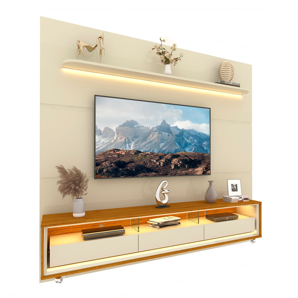 Home Royal para Sala TV 75 Polegadas Requinte Rodízio MDF LED Off White com Naturale - Gelius Móveis