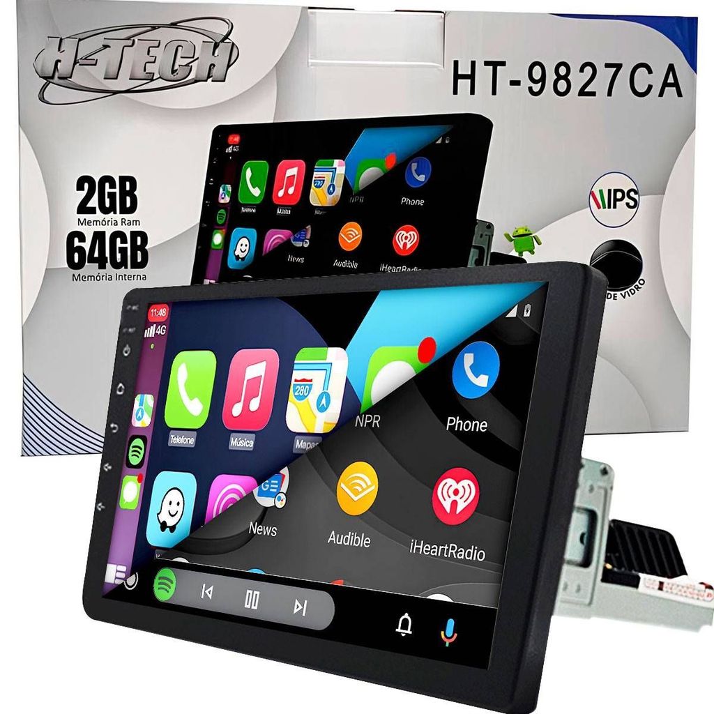 Central Multimidia 9pol 1Din 2GB 64GB Android Auto Carplay Espelhamento USB BT