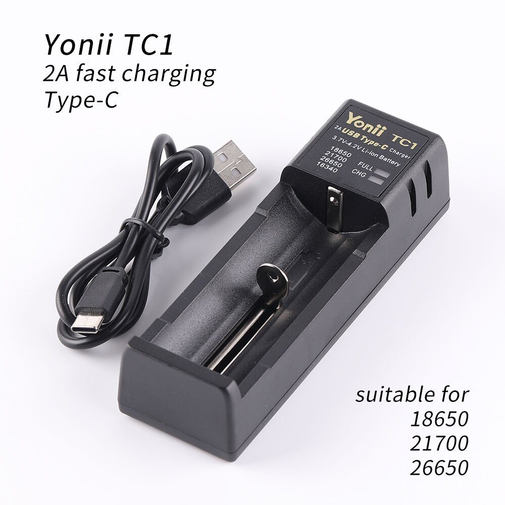 O carregador yonii TC1 2A TYPE-C é adequado para baterias 18650, 26650, 21700.