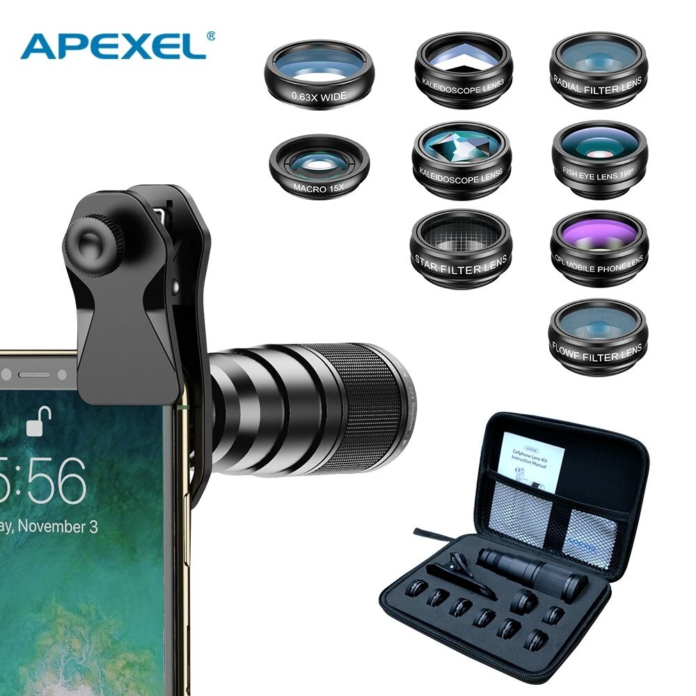 APEXEL 10 Em 1 Kit De Lentes Para Celular 22X Lente Olho De Peixe Telefoto Macro Grande Angular + Filtros De Fluxo Estre