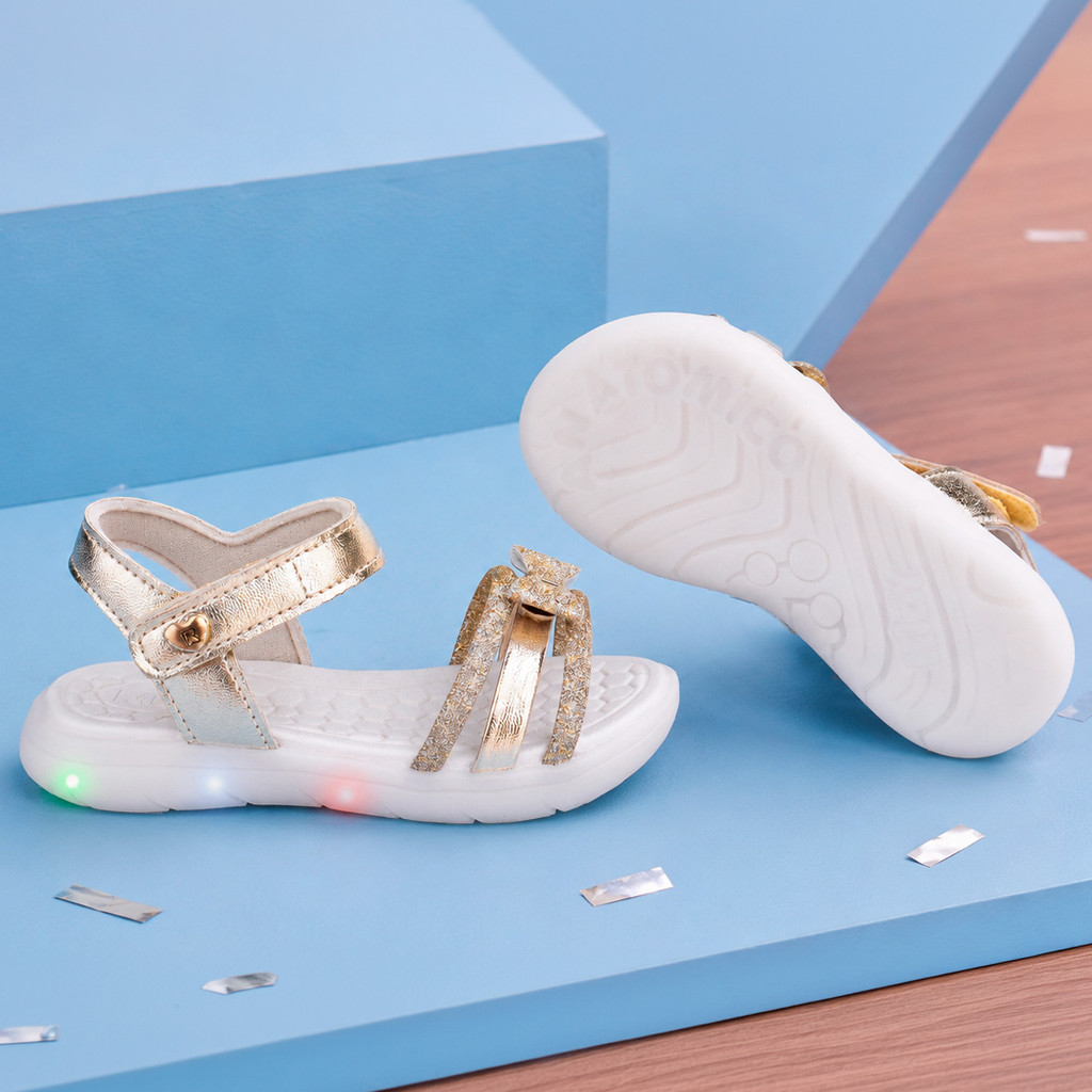 Sandália Infantil Menina Kidy Flex Light Ouro Luz LED Pisca Pisca Confortável Anatômica Laço