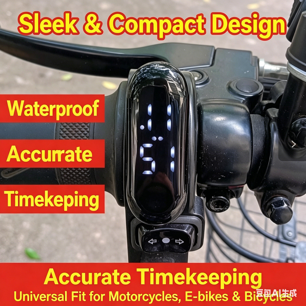 Mini Relógio LED Para Motocicleta À Prova D'água , Display De Tempo Guidão Adesivo Scooter De Bicicleta Elétrica Univers