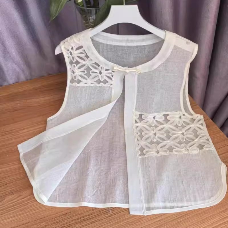 Colete feminino novo estilo chinês preto leve protetor solar colete verão estilo chinês bordado Organza fivela colete ex