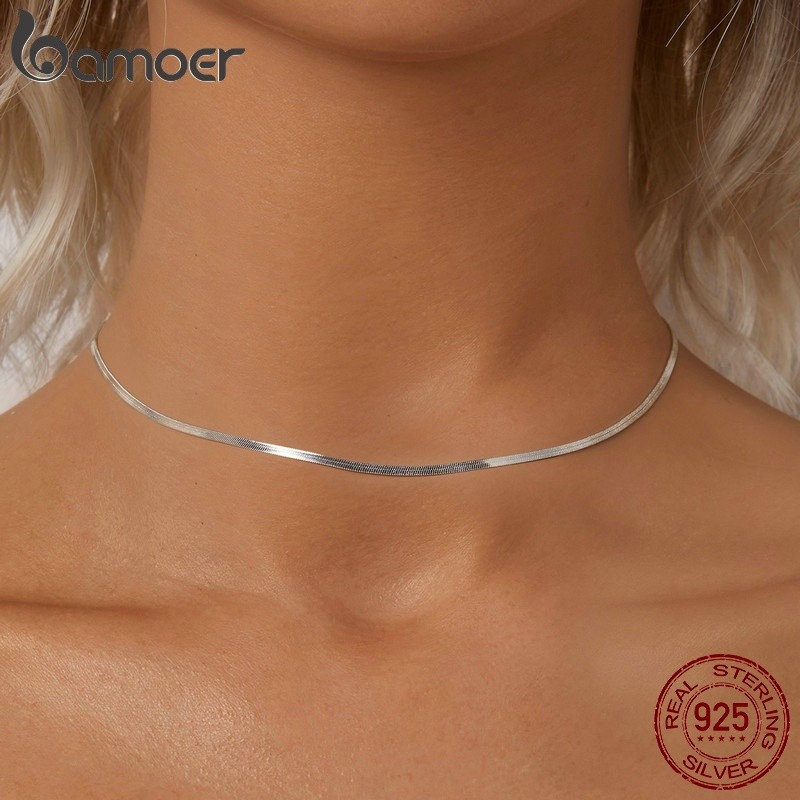 Colar Bamoer 925 Sterling Sliver Necklace Básico De Jóias Em Cadeia De Cobra Para Mulheres