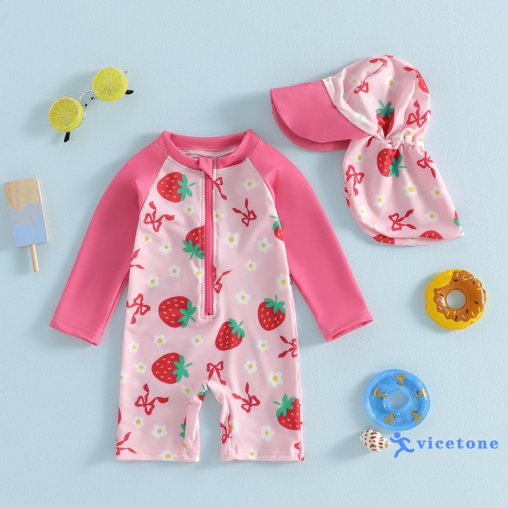 VICETONE-Maiô Infantil Feminino Com Proteção Contra Queimaduras E Estampa De Morango Zíper Manga Comprida Chapéu De Nata