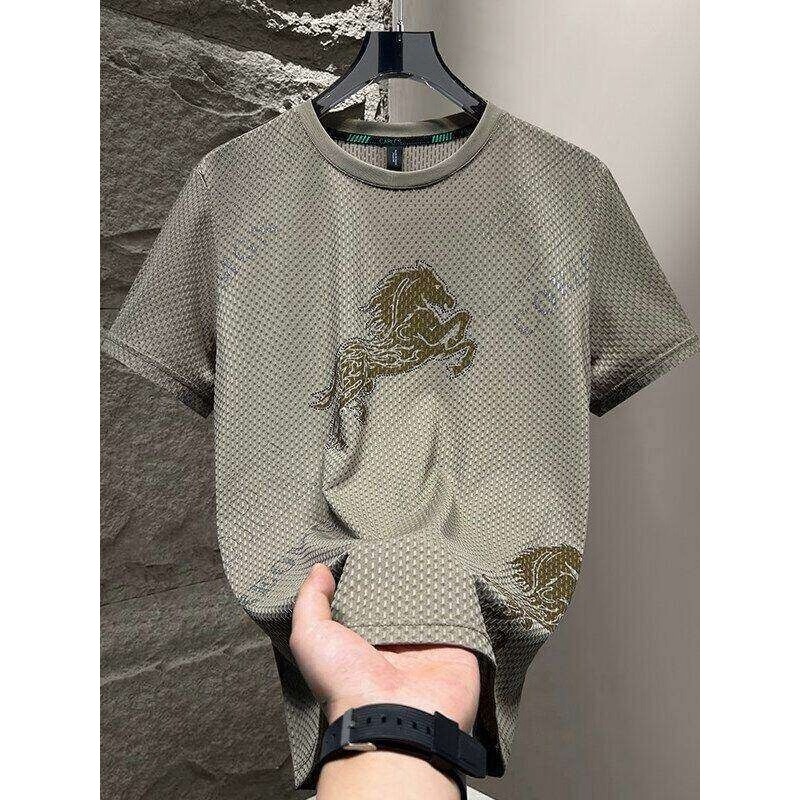 Camiseta masculina de seda gelo de manga curta na moda masculina em torno do pescoço camiseta masculina de secagem rápid
