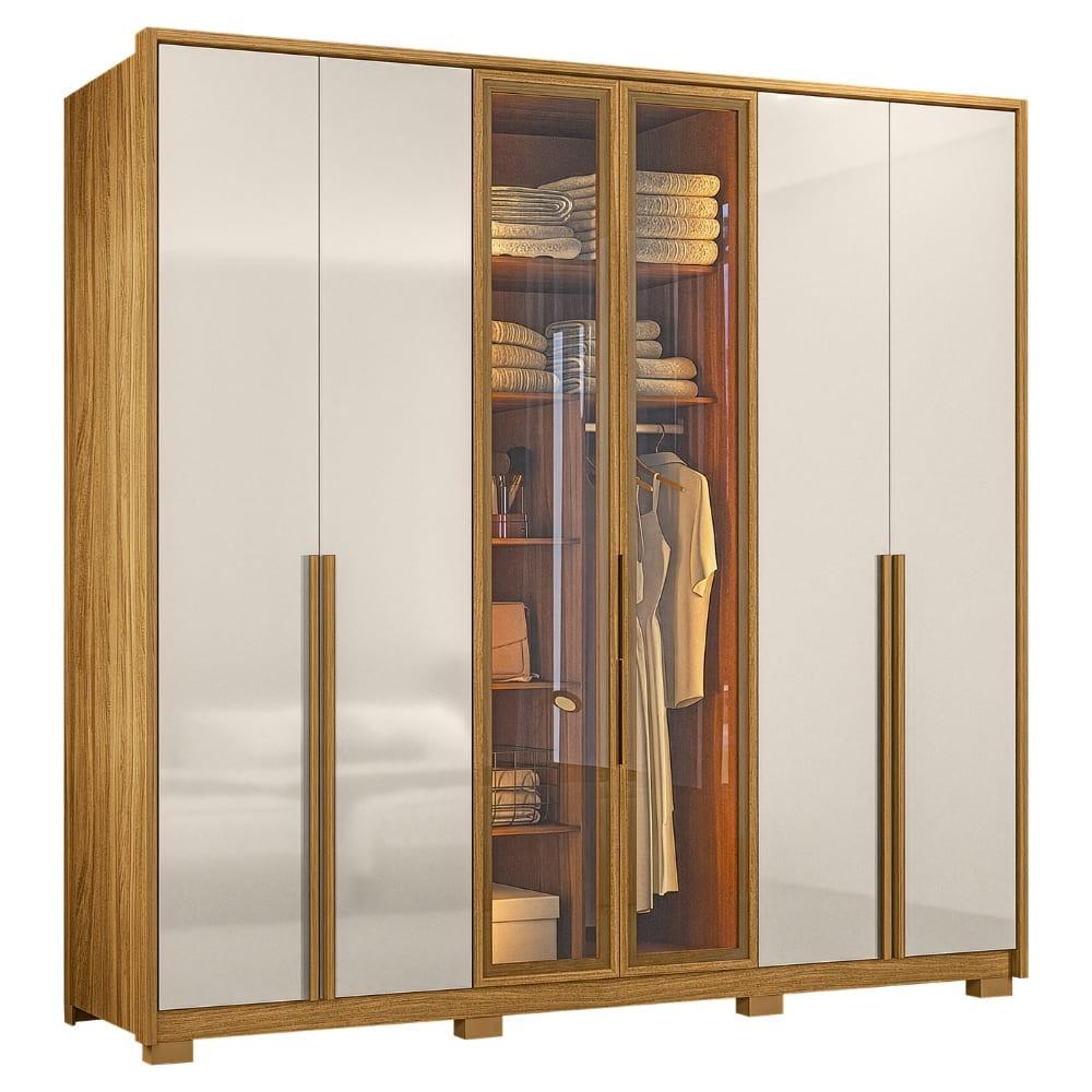 Guarda Roupas Casal Reflecta com Led 6 Portas 4 Gavetas Âmbar
