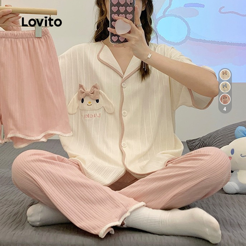 Lovito Conjunto de Lar 3 Peças Estampa Cartoon Bonito Uso Diário Primavera/Verão Feminino LNE141112 em Oferta na Shopee