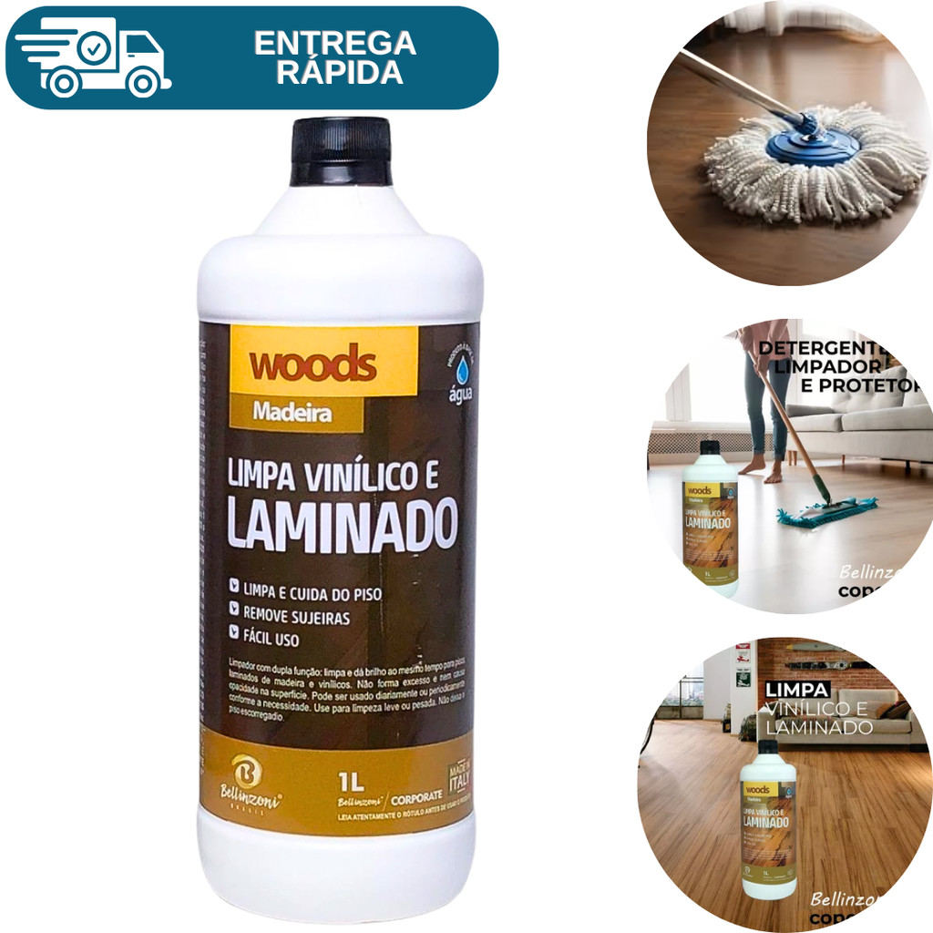 Limpa Vinílico E Laminado 1 Litro Bellinzoni Woods Madeira Limpeza Brilho Remove Sujeira Piso