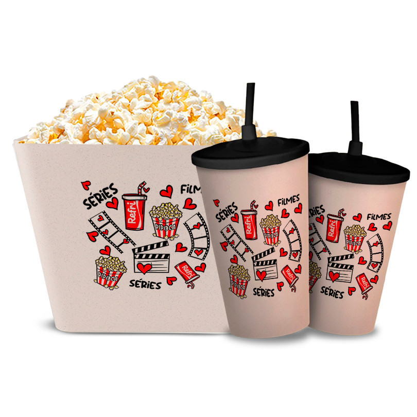 Kit Cinema Balde de Pipoca 5L + 2 Copos Com tampa Canudo Pipoca Séries Filmes