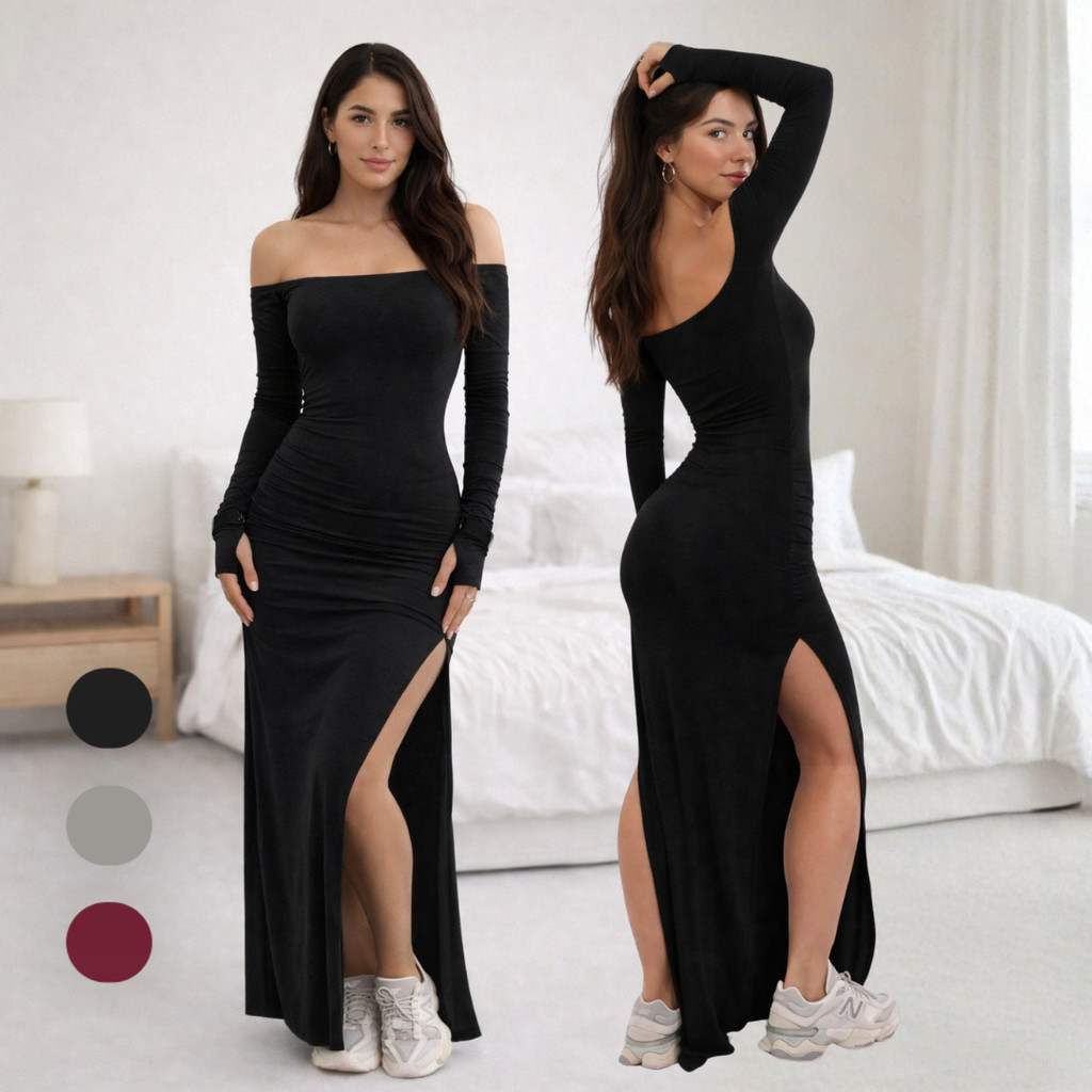 Vestido Longo Ombro a Ombro com Fenda Lateral em Viscolycra Modelagem Ajustada Elegante
