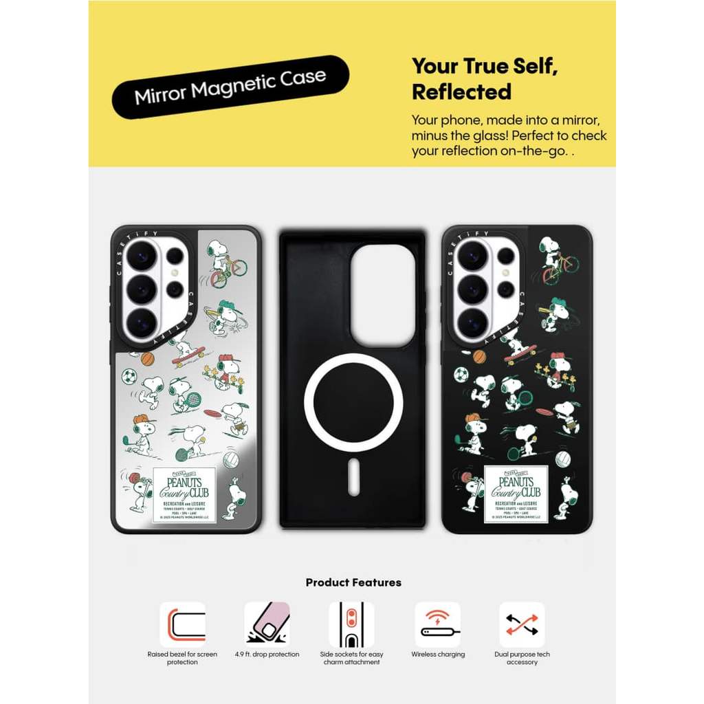 CASECASE X Snoopy Sports Samsung S Series Case Matte Black & Sliver Mirror Capa De Sucção Magnética Galaxy S26 Ultra S25