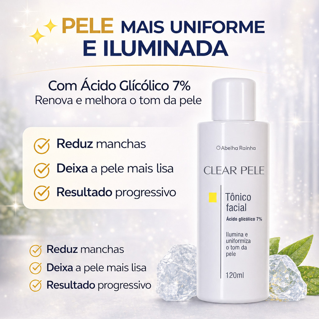 Clear Pele Tônico Facial Com Ácido Glicólico 7% Reduz Manchas Ilumina Suaviza Textura 120ml Abelha Rainha
