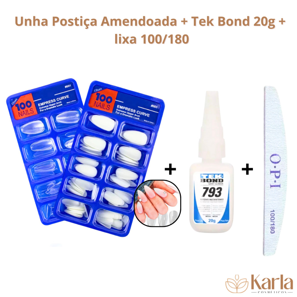 KIT 100 UNHAS POSTIÇAS AMENDOADA ALMOND NATURAL REALISTA + TEK BOND + LIXA BUMERANGUE UNHA 100 180