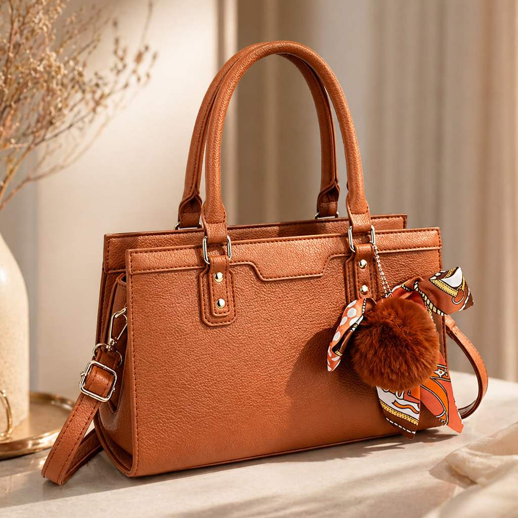 bolsa feminina de couro marrom com alça de mão e alça transversal bolsa estruturada para trabalho com pompom